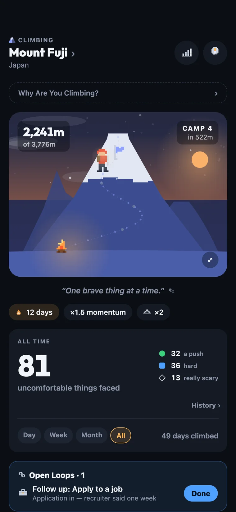 The Braveclimb home screen — a night mountain scene showing your altitude, current peak and streak.